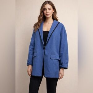 Women’s Blue Hooded Coat with Black Trim